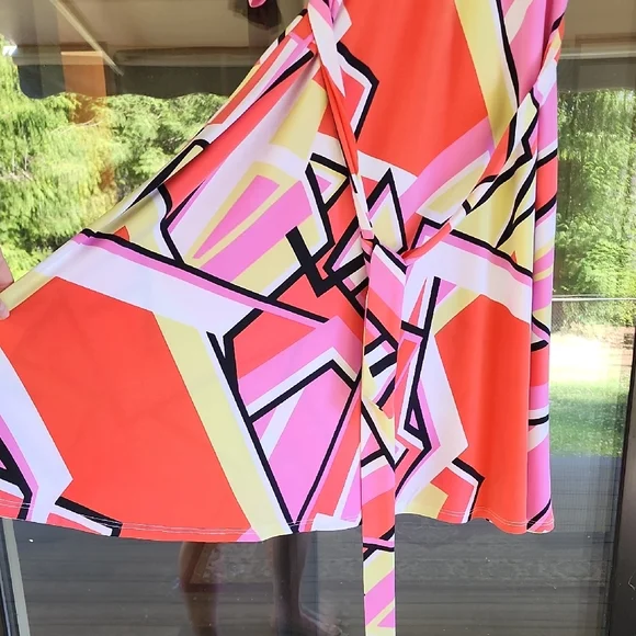 Leota New York Handmade Vibrant Geometric Faux Wrap Dress with A Waist Tie - Picture 3 of 6
